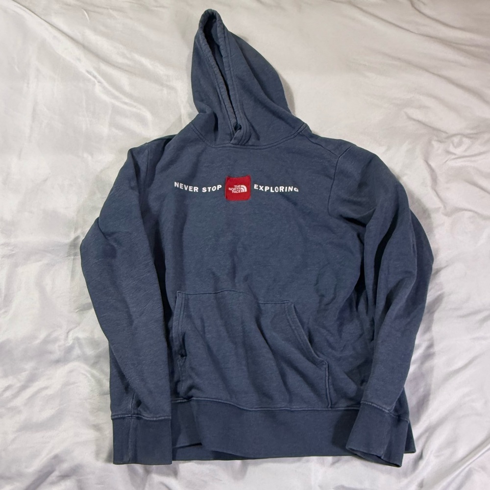 The North Face Men's Blue Hoodie Sweater Large Never Stop Exploring